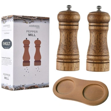 Wooden Pepper Mill Set of 2 with Base, Premium Cer