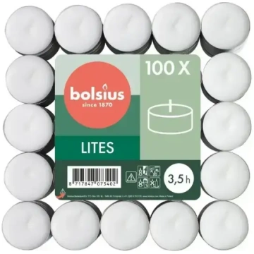 Bolsius tējas sveces, 100 gab., baltas