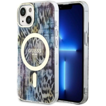Guess iPhone 14 vāciņš Leopard MagSafe, zils - leo