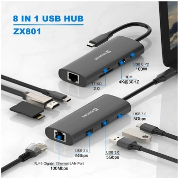 Swissten 8in1 USB-C Hubs Alumīja Centrmezgls USB-C