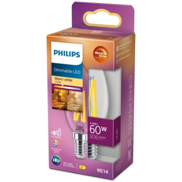 PHILIPS LED stikla 60W B35 E14 caurspīdīga Warm Gl