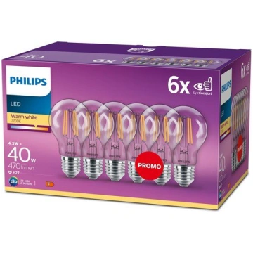 PHILIPS LED stikla 40W A60 E27 Silti balta 2700K c