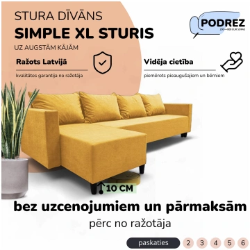 Klasisks liels stūra dīvāns Simple XL Sturis Dzelt