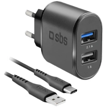 SBS Travel Charger 2xUSB 2.1 A Type-C Cable Melns