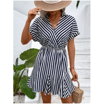 Striped Johnny Collar Mini Dress - Stripe / XL