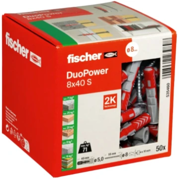 Fischer DuoPower 8x40S Wall Plug with Screw Box 50
