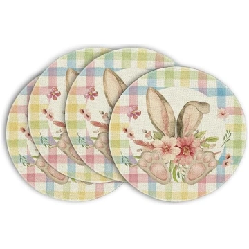 Set of 4 Round Easter Linen Place Mats, Easter Dec
