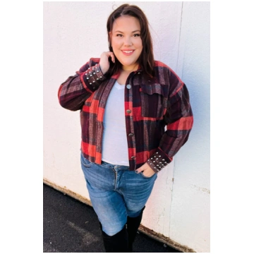 City Streets Burgundy & Rust Plaid Studded Cropped