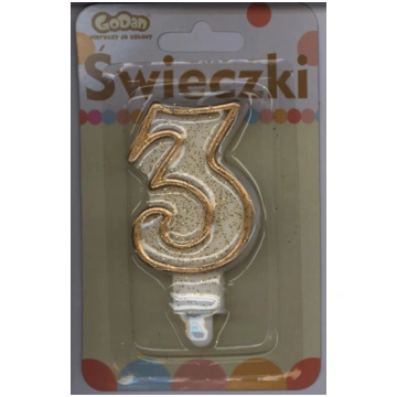 GoDan svece cipars 3 ar zelta apmali un spīdumiem 