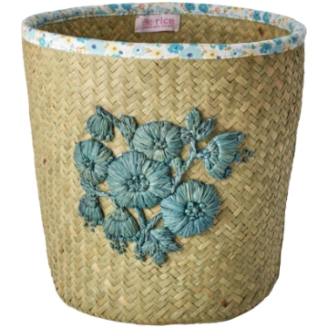 Rice - Raffia Basket with Blue Flower Embroidery a