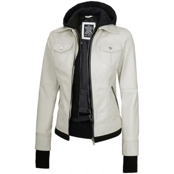 Real Leather Womens Off White Bomber Jacket with R