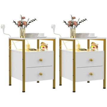 Bedside Table Set of 2 Side Tables with Charging S