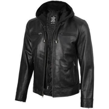 Men's Black Biker Style Leather Jacket with R
