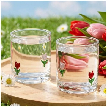 Ziedu motīva stikla glāzes, 4 gab. 400 ml tulpju f