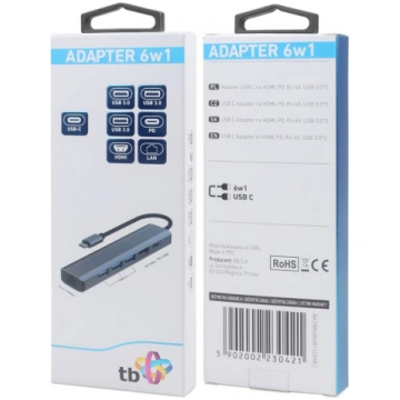 Adapter HUB USB C 6in1 - HDMI, USBx3, PD, RJ-45