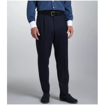 Navy Tailored Fit Wool Chalk Stripe Pleated Trouse