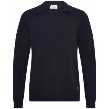 Lambswool L/S v-neck polo - NAVY
