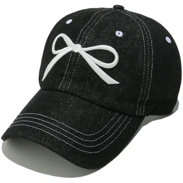 Bow Embroidered Denim Baseball Cap - Black / One S