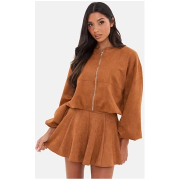 Women's Faux Suede Bubble Hem Long Sleeve Fau