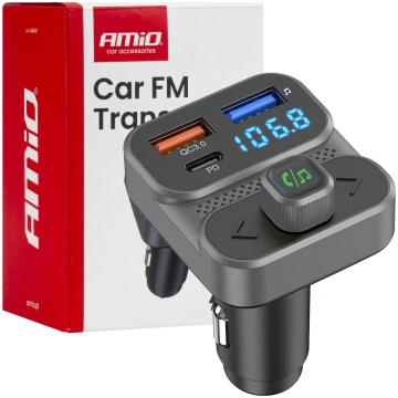 Car FM Transmitter 2×USB-A 1×USB 12V 24V AMIO-0464