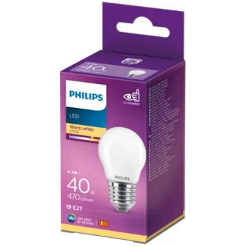 PHILIPS LED stikla 40W P45 E27 Silti balta 2700K m