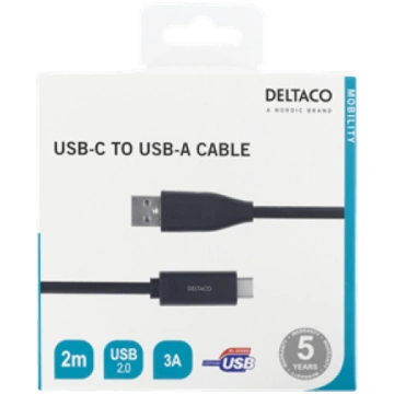 USB-C to USB-A cable, 2m, 3A, USB 2.0, black DELTA