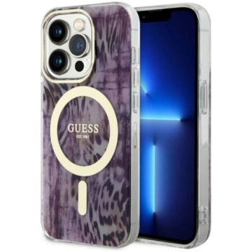 Guess iPhone 14 Pro vāciņš Leopard MagSafe, rozā -