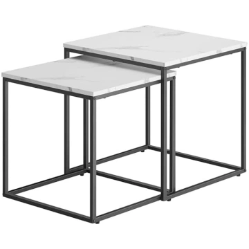 Set of 2 Coffee Tables - Square - Marble White Bla