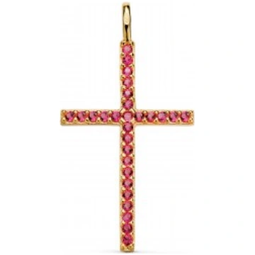 Colgante cruz oro y circonitas rosas 18K