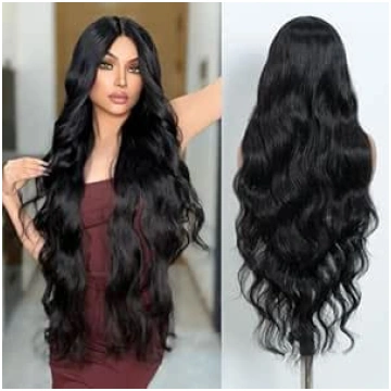 NOBLE Long Black Wave Wig Sintētisko mežģīņu priek