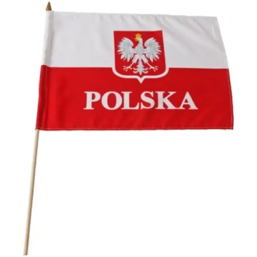 Polijas karogs 30x40 cm ar koka rokturi un ģerboni