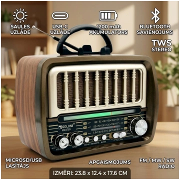 Retro radio ar Bluetooth un saules paneli