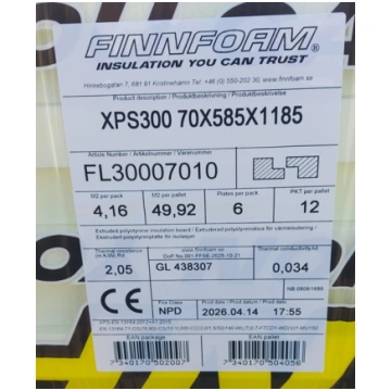 70x585x1185mm Finnfoam FL300 ekstrudētais putuplas