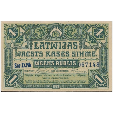 Latvia, 1 Rublis 1919, Ser. D No 067148 WB10910