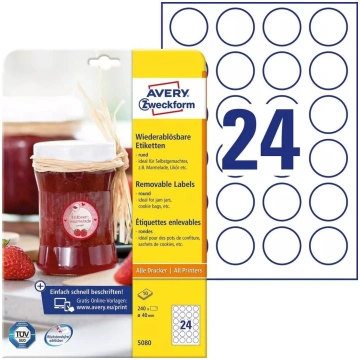 Pašlīmējošās etiķetes aplī Avery 5080