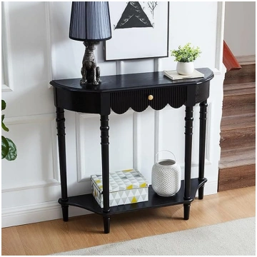 Black Half Moon Console Table with Drawer, Vintage