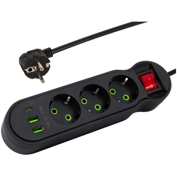 PS-340 3-Socket Power Extension Cable 2xUSB+USB-C 