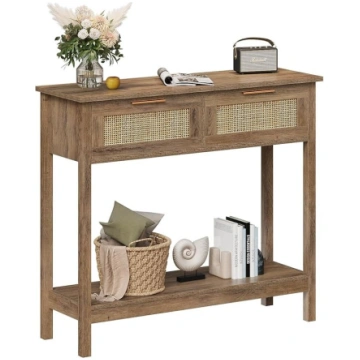 Console Table with Rattan Drawers and Shelf, Boho 