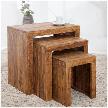 Set of 3 Side Tables Solid Sheesham Wood stone fin