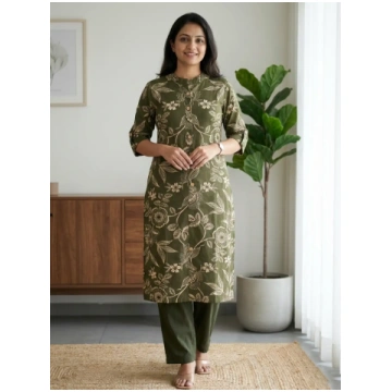 Olive Green Leaf Print Co-Ord Set - M-38