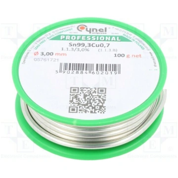 Tin; lead free; Sn99,3Cu0,7; 3mm; 100g; reel; 227°
