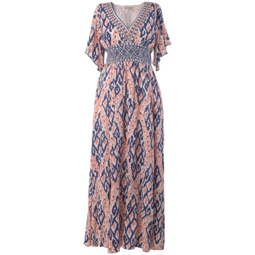 AVATARA - V NECK MAXI DRESS WITH SMOCKED WAIST AND