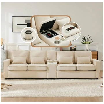 DRIXNO 4 Seater Sofa in Linen Fabric with Console 