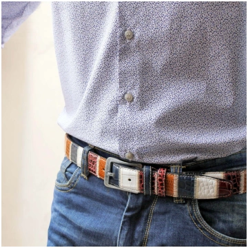 Blue red and white patchwork belt in genuine leath