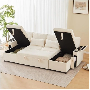 Four-seater sofa bed in U-shape with drink holder,