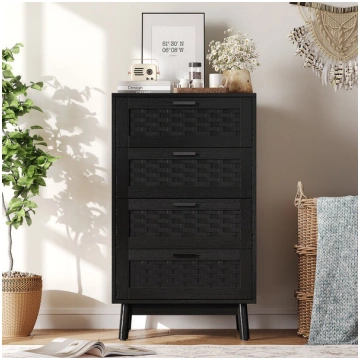 Rattan kumode ar 4 atvilktnēm – Melna, moderns sti
