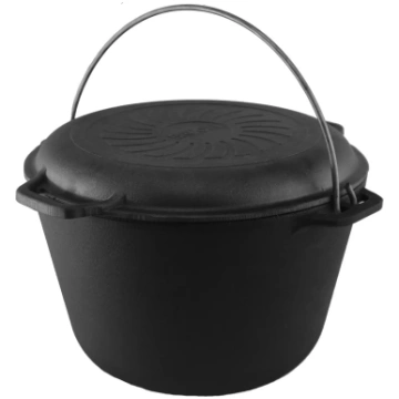 Tūrisma čuguna katls, 8 L, ar čuguna vāku-pannu 28