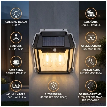 Saules Enerģijas LED Lampa ar Kustības Sensoru