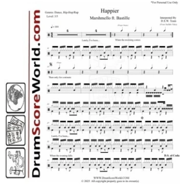 Marshmello & Bastille - Happier Drum Sheet Music (