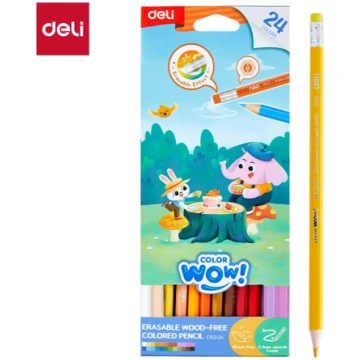 Krāsainie zīmuļi Deli Wood-free, izdzēšami, 24 krā